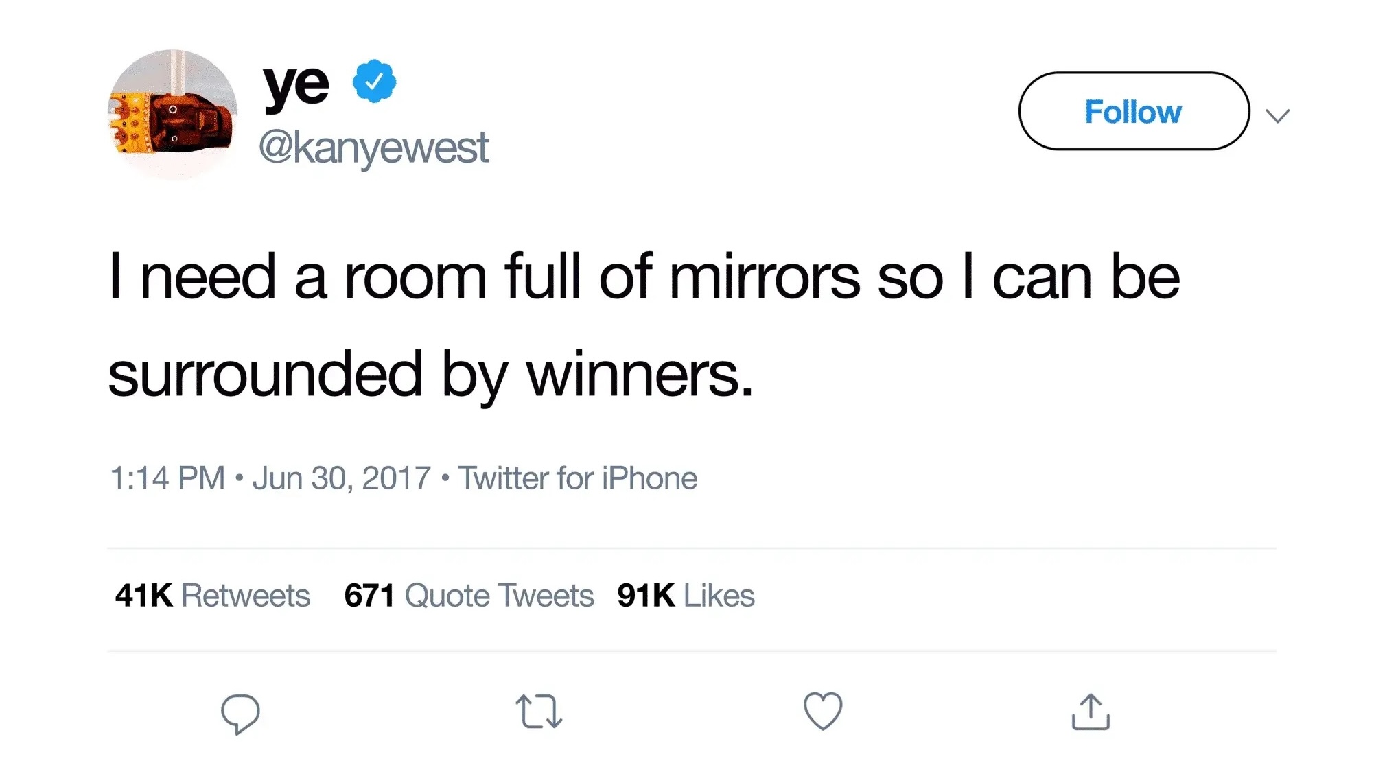 A Kanye tweet about being surrounded by winners if he was in a room full of mirrors